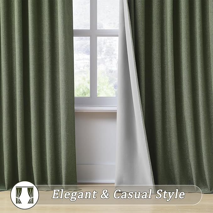 Long Blackout Curtains 108 Inch Long 2 Panels, Back Tab Pleated Look Drapes for Track System with Hooks, Noise Reducing Spring Blackout Winodw Curtains for Living Room 50x108-Loden/Olive Green