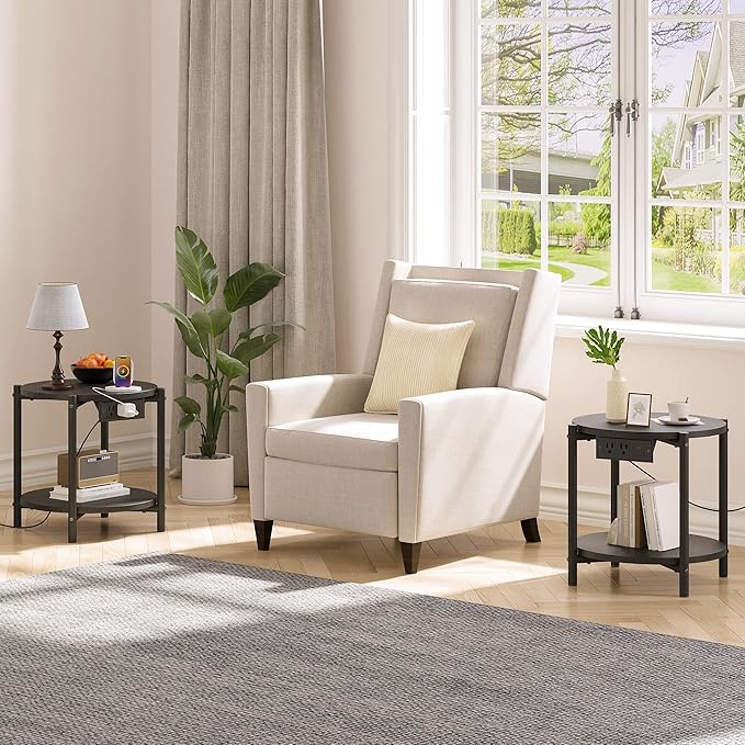 LIKIMIO Round End Tables, Set of 2, 16" W Small Round Side Tables with Charging Station, 2-Tier Modern Nightstands for Small Spaces, Living Room, Bedroom, Black