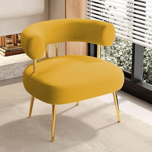 Modern Velvet Accent Chair, Round Upholstered Barrel Armchair for Small Spaces, Fluffy Side Corner Sofa Chair for Living Room, Bedroom(Yellow)