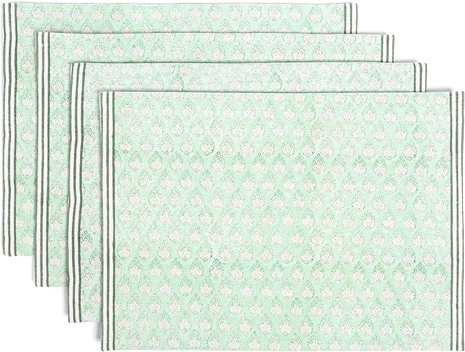 Over&Back Set of 4 Hand-Blocked Placemats - Colorful Dining Table Mat - Each Placemat is Unique - 100% Cotton - Machine Washable - Kitchen and Home Decor - Green Leaf