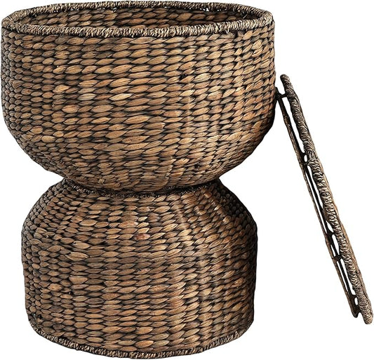 happimess SAT1000B Bhola 18" Hourglass Handwoven Hyacinth Storage Accent Table with Lid for Storage and Decoration in Bedroom, Living Room, Kitchen, Dining Room, Entryway, Guestroom, Brown Wash