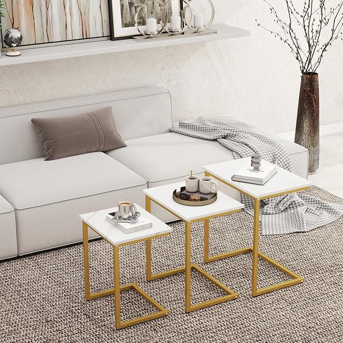Tangkula Nesting Table Set of 3, Rectangle Stacking Side End Table with Wood Top & Metal Legs, Adjustable Foot Pads, C-shaped Accent Coffee Tables for Small Spaces, Living Room (C-shaped, White, 3-pc)