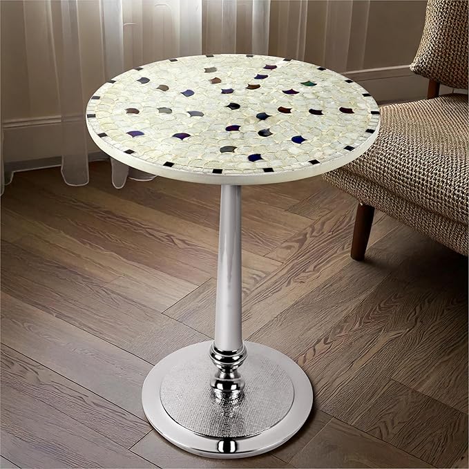 CLEENTABLE Mosaic Round End Table - Top End Tables for Living Room & Bedroom - Modern Side Table with Durable Enamel Top & Metal Legs - Lightweight Accent Table for Sofa, Bed (Ivory Silver)