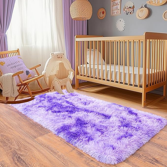 Small Runner Rugs for Bedroom Hallways, 2x4 Runners for Hallways Fluffy Throw Area Rug Non Slip for Bedside Dorm, Shag Rugs for Girls Boys Bedroom, Floor Carpet Runner for Kids Dorm, Tie-Dyed Purple