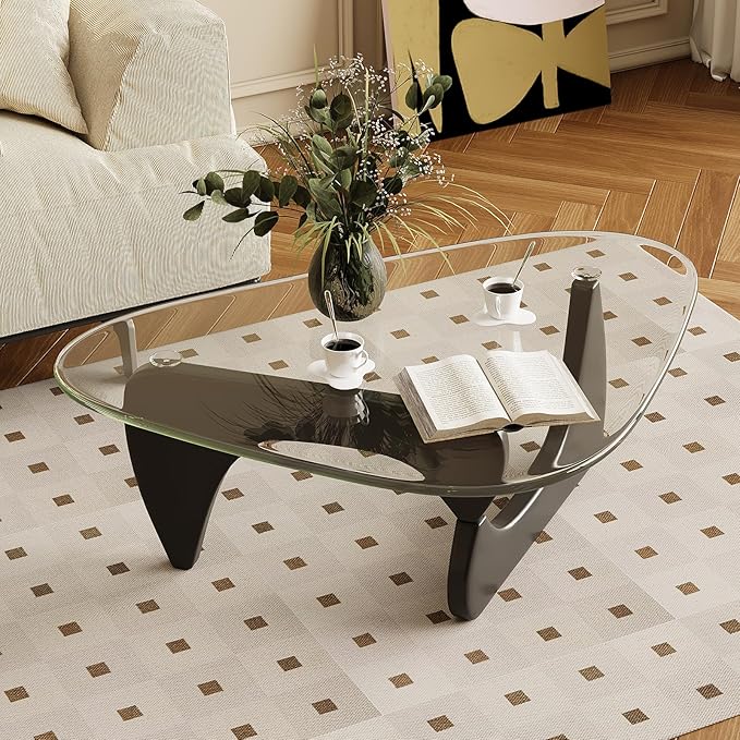 Coffee Table for Living Room Mid Century Modern Center Table with Glass Top, Black Transparent