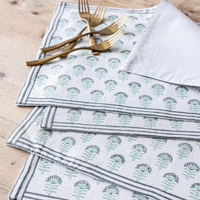 Over&Back Set of 4 Hand-Blocked Placemats - Colorful Dining Table Mat - Each Placemat is Unique - 100% Cotton - Machine Washable - Kitchen and Home Decor - Green Flower
