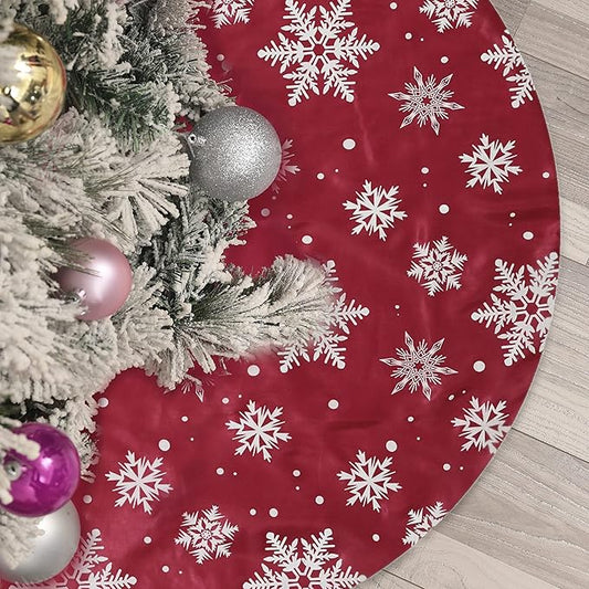 Flash World 36 Inch Large Christmas Tree Skirt Xmas Soft Cover Mat Decor Snowflake Collar Farmhouse Tree Skirt for Holiday Ornaments Party Home Indoor Decorations (Flocking Red, 48INCH)