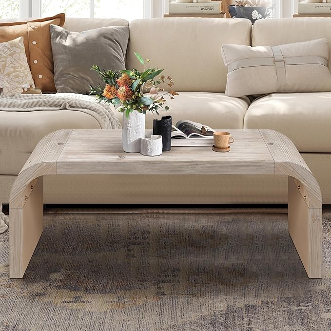 Coffee Table, 47.24"x23.62"x17.71" Farmhouse Vintage Crafts Curved Art Deco Side Table, Solid Wood Center Accent End Table for Living Room Bedroom Apartment, Oak