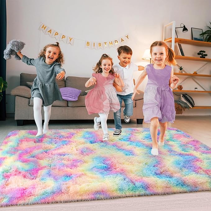 Super Fluffy Rug for Bedroom, 4x6 Shag Fuzzy Area Rug for Living Room Bedroom, Plush Soft Carpet for Girls Boys Kids, Non Slip Throw Rugs for Dorm, Modern Home Decor Aesthetic, Rainbow