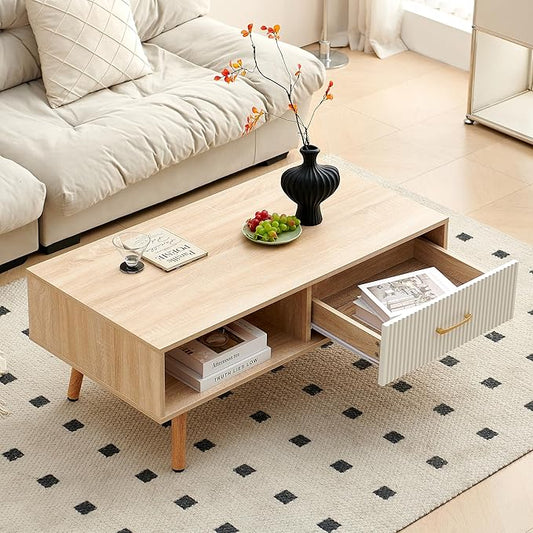 IANIYA Boho Coffee Table with Storage, Dining Table with Rattan Drawer and Solid Wood Legs, Small Center Tables for Living Room Small Space (Natural/White)