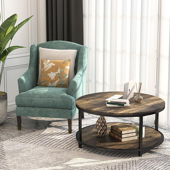 WiberWi Round Coffee Table 35.8" Rustic Vintage Industrial Design Furniture Sturdy Metal Frame Legs Sofa Table Cocktail Table with Storage Open Shelf for Living Room, Easy Assembly, Dark Brown