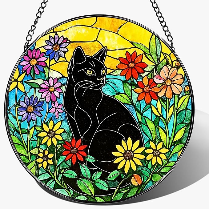 Black Cat Stained Glass Window Hanging, 8 Inch Sun Catchers Indoor Window, Suncatchers for Windows Hanging, Home Decor and Christmas, Festival, Mother's Day, Birthday, Gifts for Women, Men, Cat Lovers