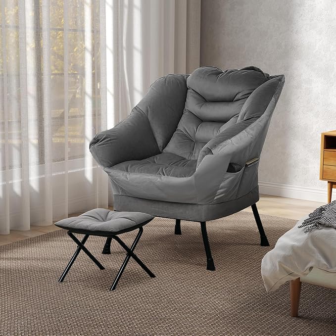 HOMCOM Modern Lazy Chair with Ottoman, Fabric Lounge Accent Chair, Leisure Sofa Armchair with Armrests, Side Pockets, Upholstered Reading Chair and Footstool Set for Living Room, Bedroom, Gray