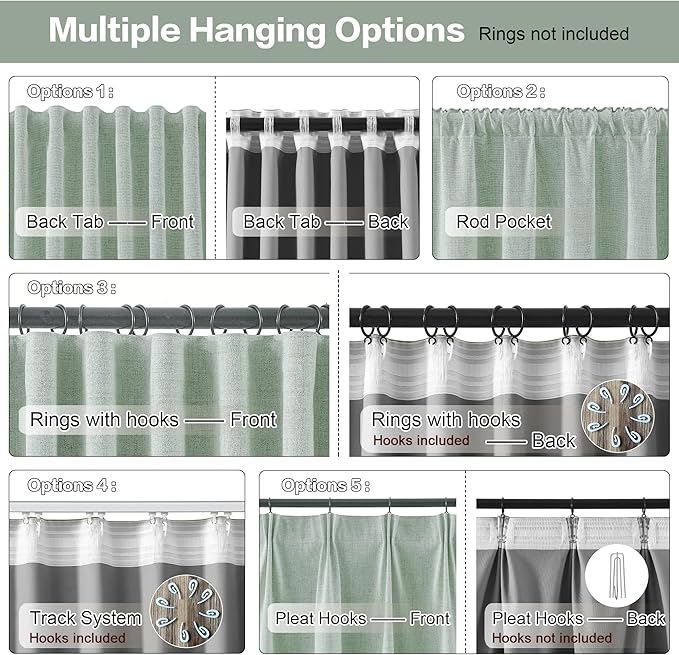 RAIN CITY Light Green Linen Blackout Curtains 90 Inch Long for Living Room,2 Panels Pinch Pleated Drape with Hooks Back Tab Boho Decor, Textured Full Black Out Curtains for Bedroom 50 x 90