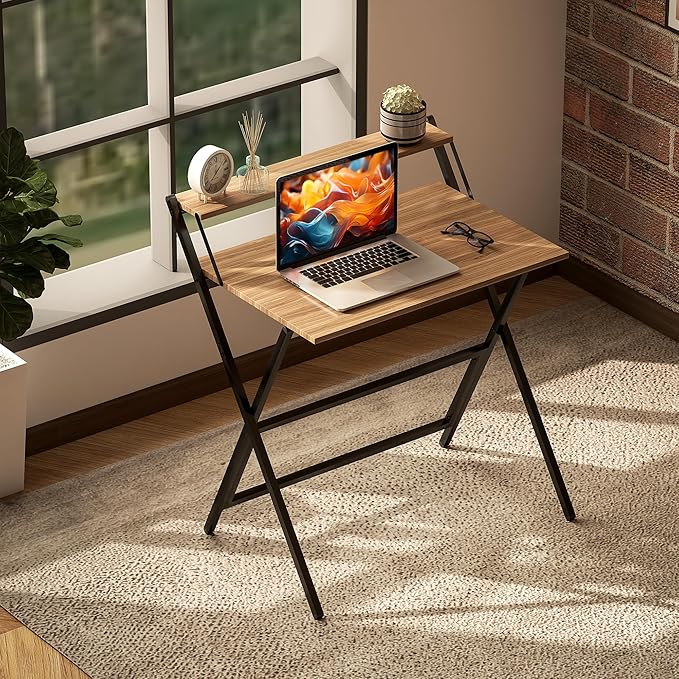 HOMCOM Small Folding Desk, 32 Inch Foldable Computer Desk with Monitor Shelf, Space Saving Portable Writing Table for Small Spaces, Home Office, Study, Easy Assembly, Walnut