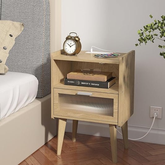 Nightstand with Charging Station, Natural Wood Bedside Tables, Modern End Table, Side Table with 2 Tiers Storage Space for Bedroom Living Room MLBZ07YE-2