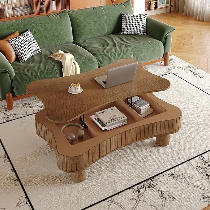 42.5" Lift Top Fluted Coffee Table with Hidden Storage Compartment, Modern Cloud-Shaped Wooden Center Table Cocktail Tea Table with Curved Safety Corners and Adjustable Height, Walnut