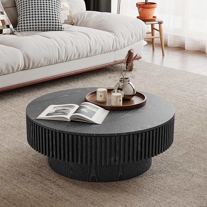 31.5 Inch Round Drum Coffee Table with Storage, Handcraft Fluted Drum Coffee Table, Modern Wooden Round Coffee Table Center Table with Sturdy Pedestal for Living Room Apartment (Black)
