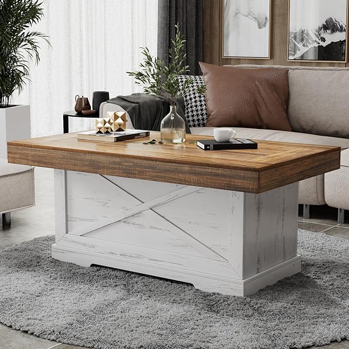 Coffee Table 39 in Farmhouse Center Table with X-Design Wooden Pedestal for Living Room, Space Saving, Rectangle Home Office Tea Accent Table for Apartment, Antique White Walnut