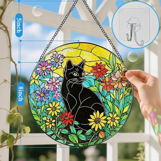 Black Cat Stained Glass Window Hanging, 8 Inch Sun Catchers Indoor Window, Suncatchers for Windows Hanging, Home Decor and Christmas, Festival, Mother's Day, Birthday, Gifts for Women, Men, Cat Lovers