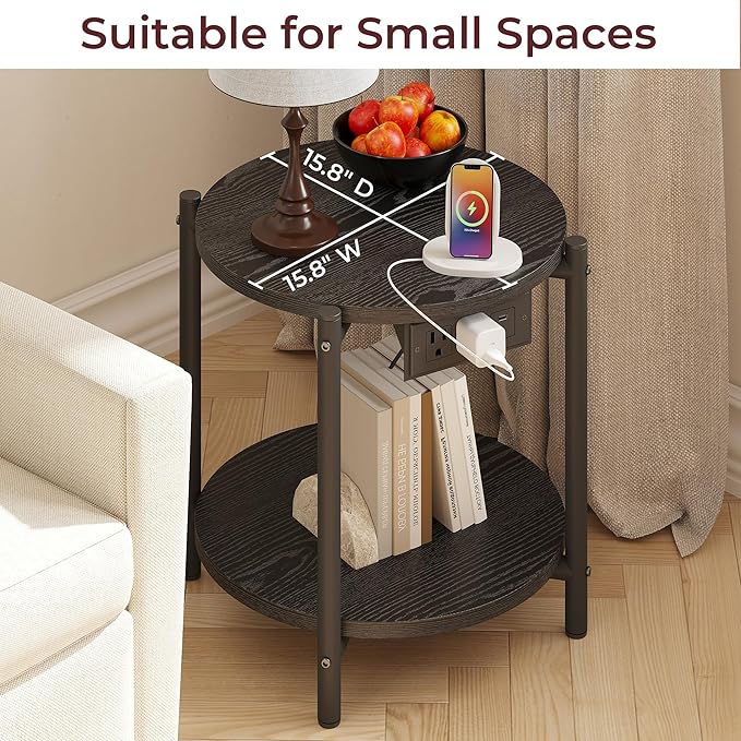 LIKIMIO Round End Tables, Set of 2, 16" W Small Round Side Tables with Charging Station, 2-Tier Modern Nightstands for Small Spaces, Living Room, Bedroom, Black