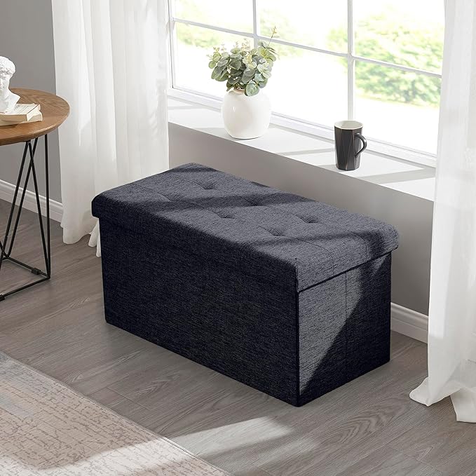 Ornavo Home Foldable Tufted Linen Large Storage Ottoman Bench Foot Rest Stool/Seat - 15" x 30" x 15" (Black)