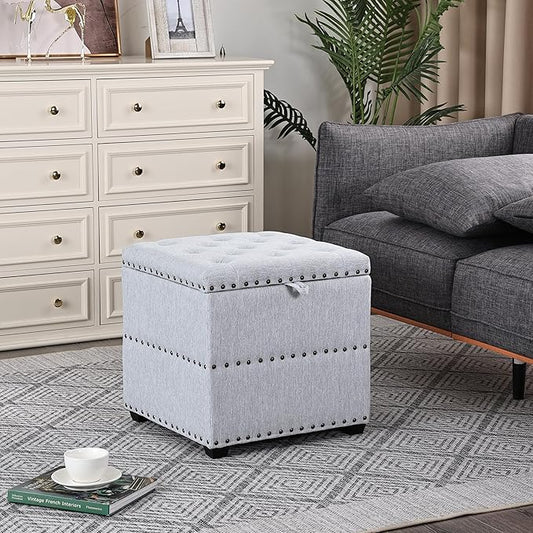 Adeco 18" Light Blue Square Storage Ottoman with Tray, Modern Cube Ottoman Coffee Table for Dorm, Upholstered Cube Footstools Coffee Table for Living Room