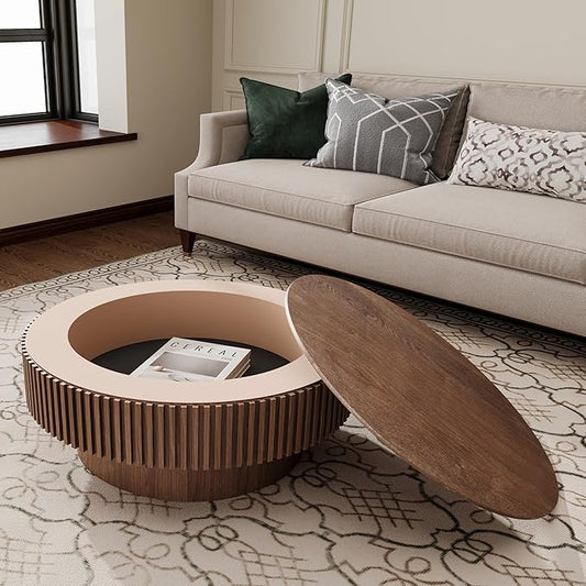 31.5'' Round Coffee Table for Living Room, Solid Wood Veneered Modern Nesting Coffee Tables with Storage, Circle Fluted Drum End Side Accent Tea Table for Bedroom Apartment Office, Walnut