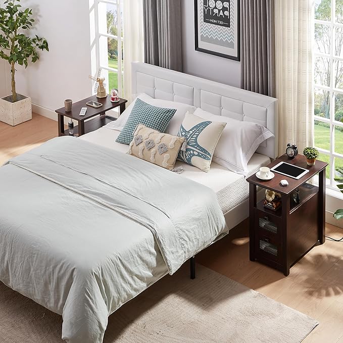 Farmhouse XXL End Table with Charging Station, Narrow Side Table with USB Ports and Outlets, Nightstand with 2 Drawers Storage, Bedside Tables for Living Room, Bedroom, Rustic Cherry