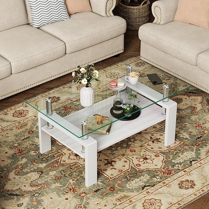 Modern 2-Tier Coffee Table with Tempered Glass Top, MDF Shelf & Metal Legs, Rectangular Living Room Center Table, Sturdy & Stylish Table for Small Spaces, Lounge or Office