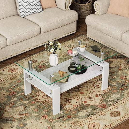 Modern 2-Tier Coffee Table with Tempered Glass Top, MDF Shelf & Metal Legs, Rectangular Living Room Center Table, Sturdy & Stylish Table for Small Spaces, Lounge or Office