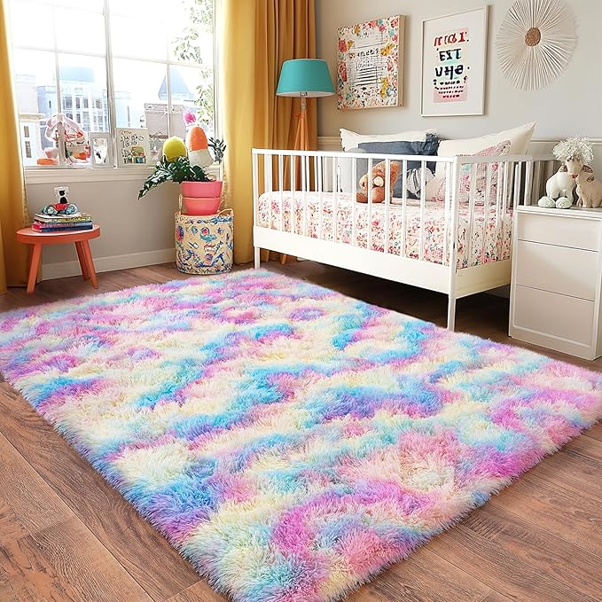 Rainbow Rug for Girls Bedroom, 4x6 Area Rug for Cute Girls Room, Bedside Indoor Floor Fluffy Shag Carpet, Plush Soft Rug for Living Room Nursery Dorm Home Decor