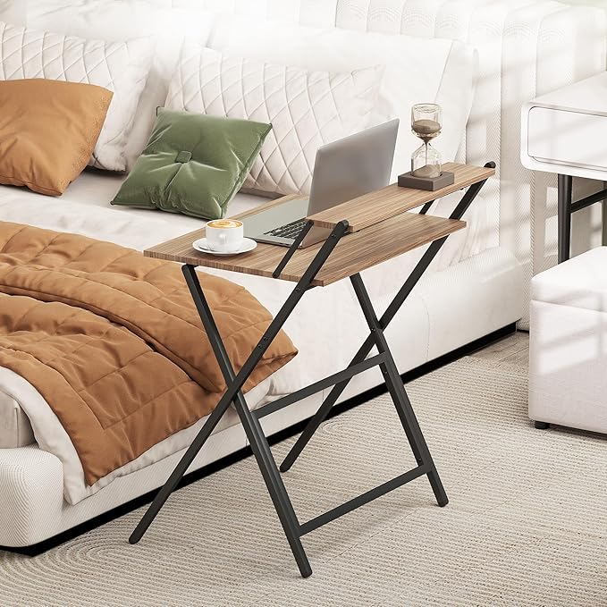 HOMCOM Small Folding Desk, 27.6 Inch Foldable Computer Desk with Monitor Shelf, Space Saving Portable Writing Table for Small Spaces, Home Office, Study, Easy Assembly, Walnut