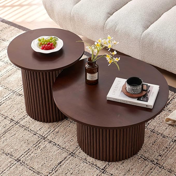 NORDICANA Nesting Round Coffee Table Set of 2, Boho 2 Piece Side Table End Table Set for Living Room Bedroom, Manufactured Wood Top with Walnut Veneer