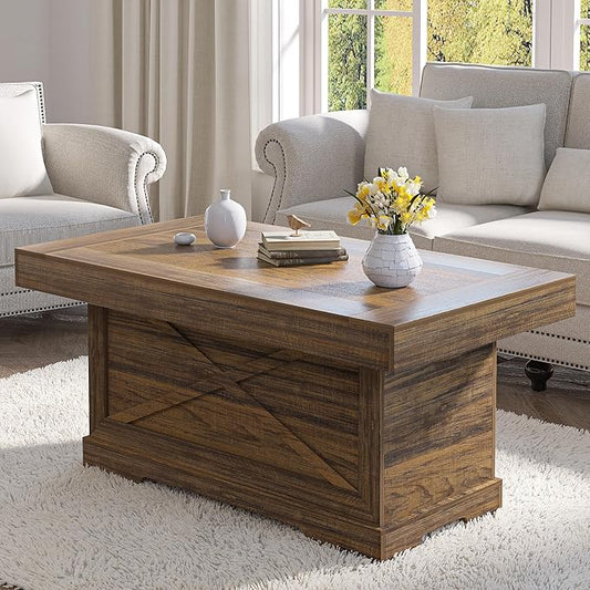 Coffee Table 39 in Rustic Center Table with X-Design Wooden Pedestal for Living Room, Space Saving, Rectangle Home Office Tea Accent Table for Dining Room Apartment, Walnut
