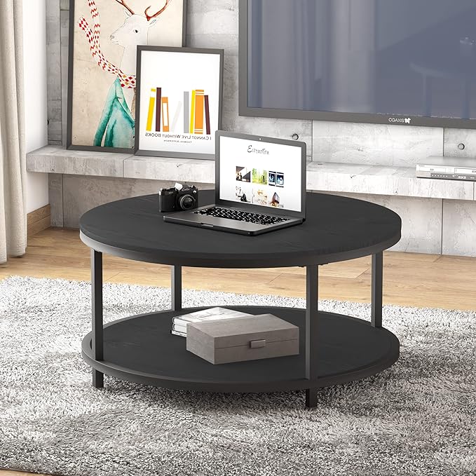 NSdirect Round Coffee Table, 36" Rustic Wooden Surface Top & Sturdy Metal Legs Industrial Sofa Table for Living Room Modern Design Home Furniture with Storage Open Shelf (Black Oak)