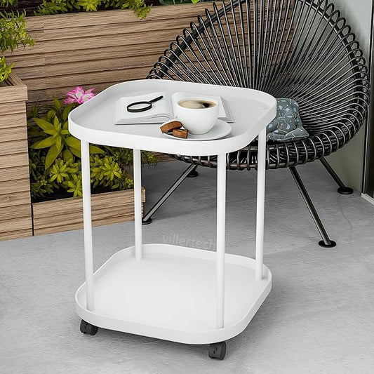 Side Table with Wheels, End Table Living Room Plastic Mobile Sofa Side Table Small Night Stand Bedroom Matte White