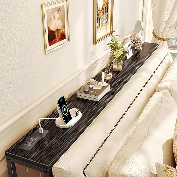 SUPERJARE 70 Inch Console Table with Outlet, Sofa Table with Charging Station, Narrow Entryway Table, Skinny Hallway Table, Behind Couch Table, for Living Room, Black