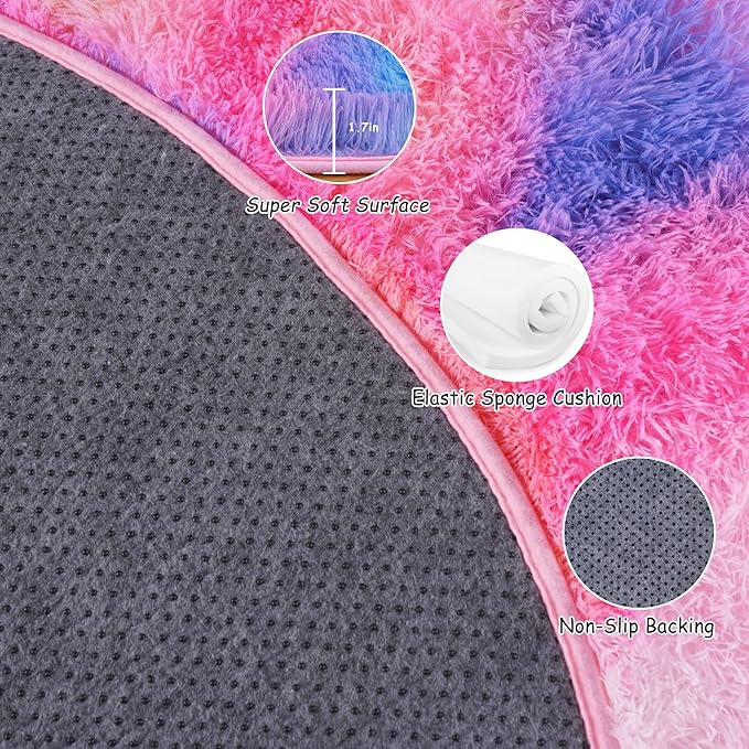 Round Fluffy Rugs 7Ft for Girls Bedroom, Dark Rainbow Shag Circle Kids Rug Non-Slip for Bedside Dorm Nursery Playroom, Soft Cute Area Rugs for Living Room Decor