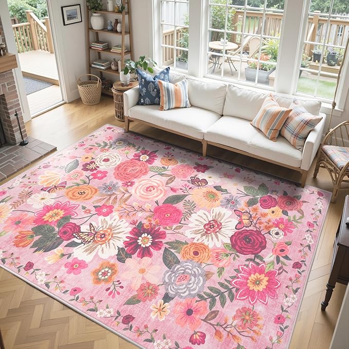 Pink Living Room Rugs, Area Rugs 5x8 Rug for Girls Bedroom Ultra-Thin Soft, Non-Slip Washable Rugs Stain Resistant Boho Rug Low-Pile Throw Rug for ‎Dining Room Office (5 x 8, Pink Garden)