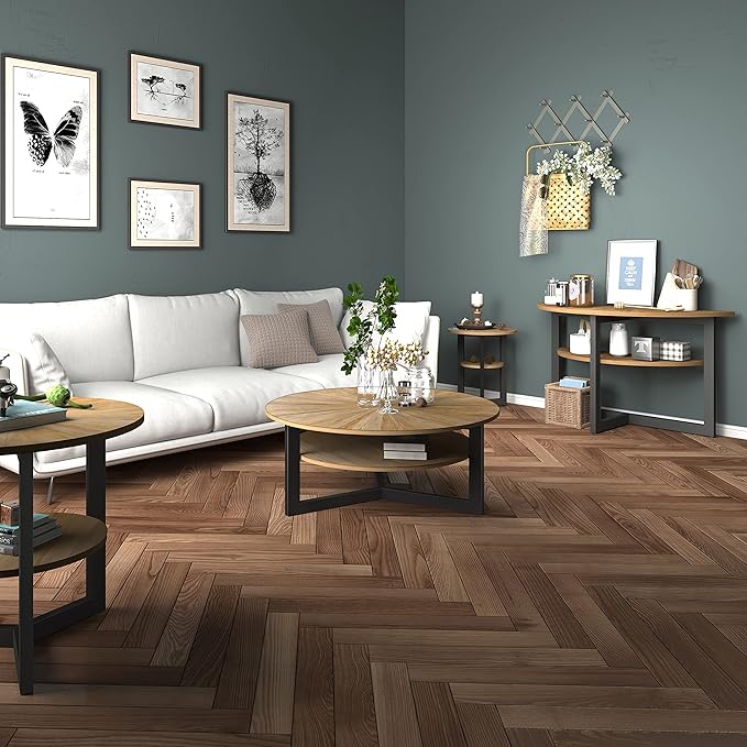 MODERION Round Large End Table with 2 tire Storage Shelf, 25.2” Solid Wood Sofa Side Table with Black Metal Frame, Beside Table for Living Room,Small Space Rustic Natural CJZ1338