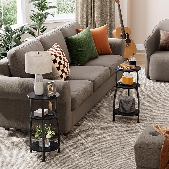 Small Round Side Table, 3-Tier End Table with Storage Shelf, Slim Sofa Table Coffee Table, Sturdy & Easy Assemble Nightstand for Small Spaces, Living Room Bedroom Corner, Black