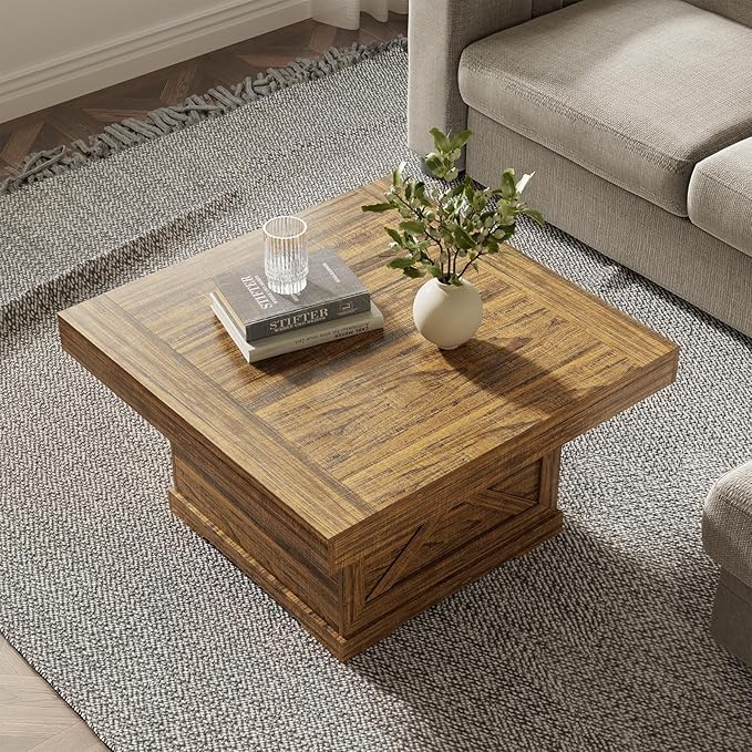 Coffee Table 31.5 in Rustic Center Table with X Design Wooden Pedestal for Living Room, Small Square Home Office Tea Accent Table for Dining Room Apartment, Walnut