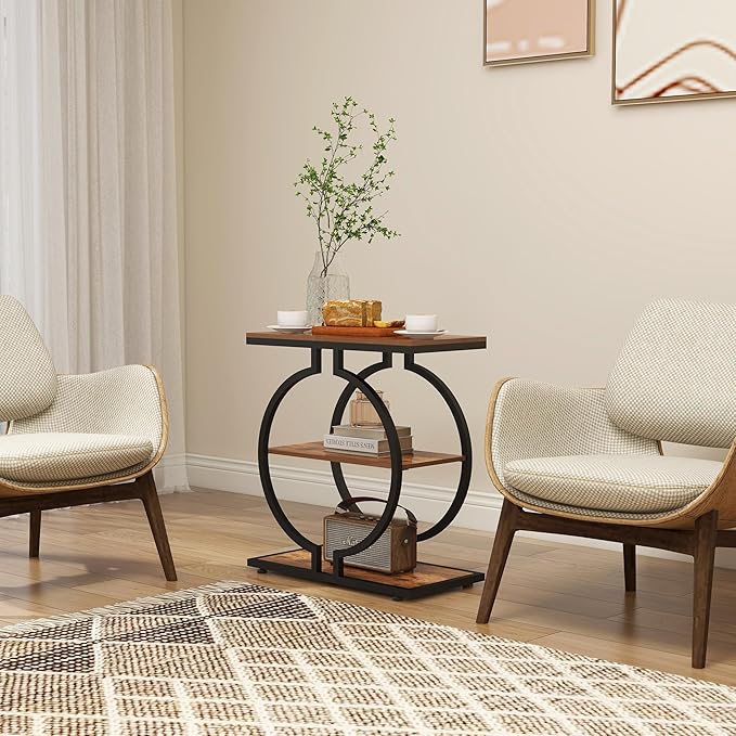 GiftGo Narrow End Table with O-Shaped Geometric Base Vintage Industrial Sofa Chair Side Table for Living Room Slim Nightstand for Bedroom Stylish Beside Table with 3 Storage Shelves (1, Rustic Brown)
