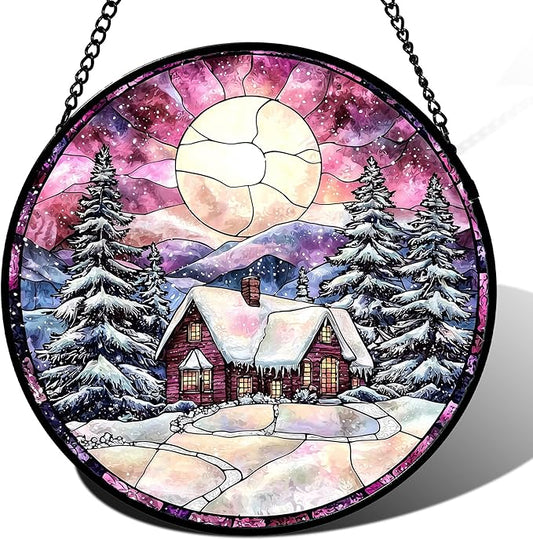 Stained Glass Window Hanging - Winter Snow Scene Cabin Moon Sun Catcher for Door Garden Home Decor Pine Tree Suncatcher Christmas Mother's Day Birthday Gifts for Women Men Mom Nana 11.8 in