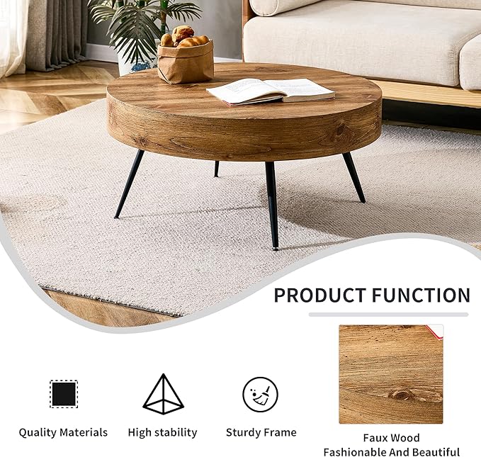 31.5'' Modern Round Coffee Table MDF Desktop with Metal Legs for Living Room Dining Room Bedroom Office