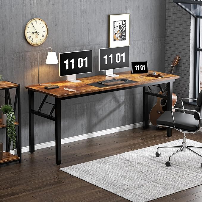 Need Large Computer Desk, 62 inches Long Office Desk, No Install Needed Folding Table Writing Table Workstation for Small Space, Rustic Brown