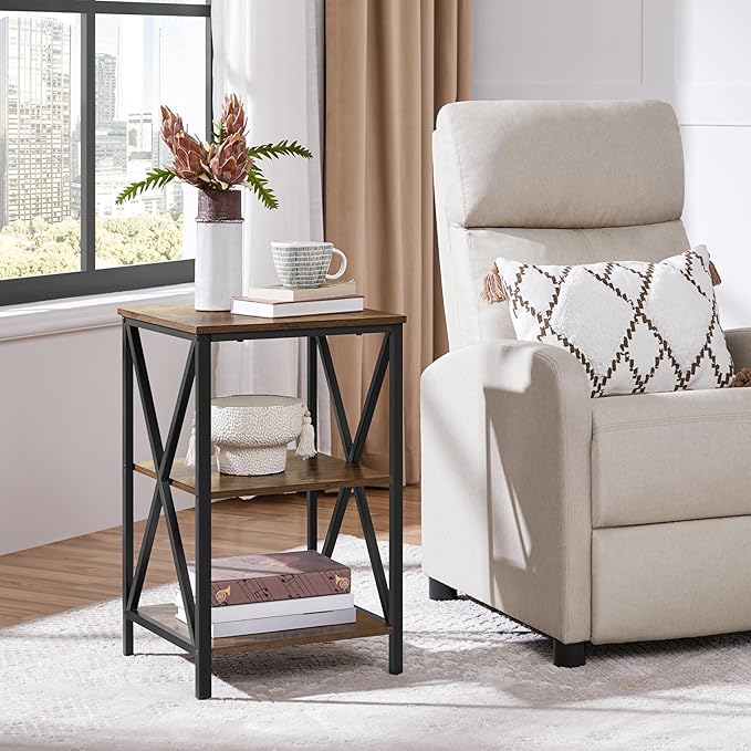 Yaheetech Industrial End Tables, 3-Tier Side Tables with Storage Shelves for Living Room, X Design Sofa Tables, Strong Metal Frame, Easy Assembly, Rustic Brown