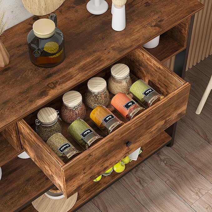 Mexin Console Table with Drawer Shelves, Entryway Table with 3 Tier Storage Shelves, Industrial Wood Hallway Sofa Table for Living Room, Couch, Foyer, Kitchen Counter, 47 Inch Rustic Brown