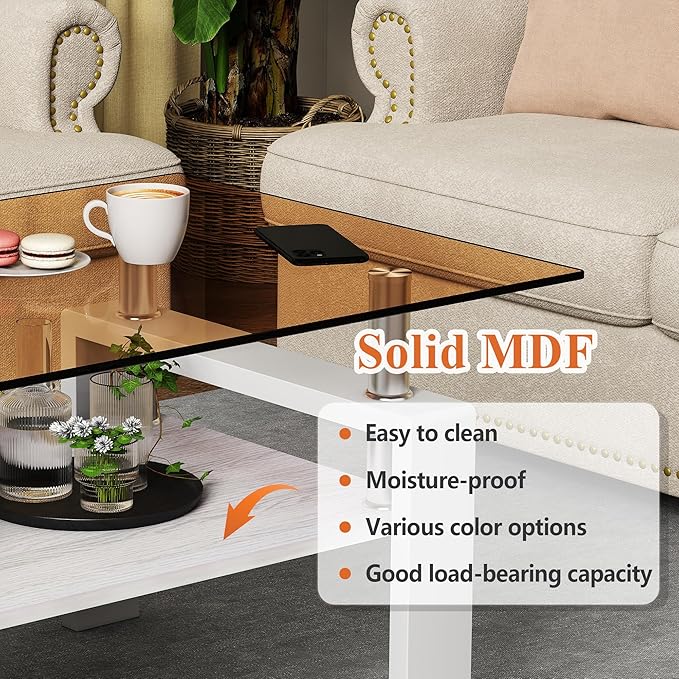 Modern 2-Tier Coffee Table with Tempered Glass Top, MDF Shelf & Metal Legs, Rectangular Living Room Center Table, Sturdy & Stylish Table for Small Spaces, Lounge or Office